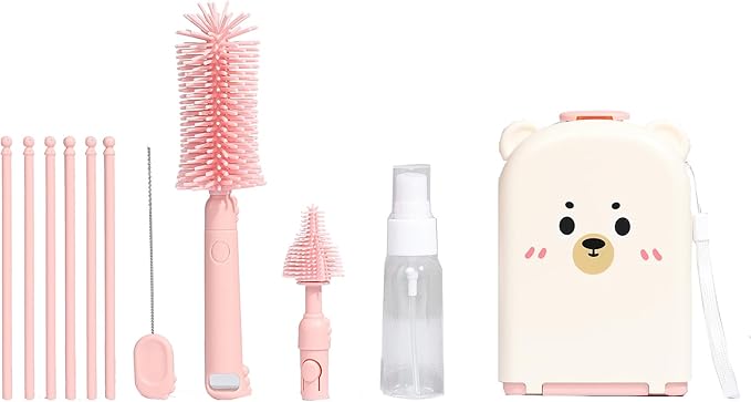 6 In1 Baby Bottle Brush Kit,Portable Silicone Bottle Brush Cleaner Set with Straw Brush,Nipple Brush,Drying Rack,Soap Dispenser,Storage Bag for Travel or Home (Pink)
