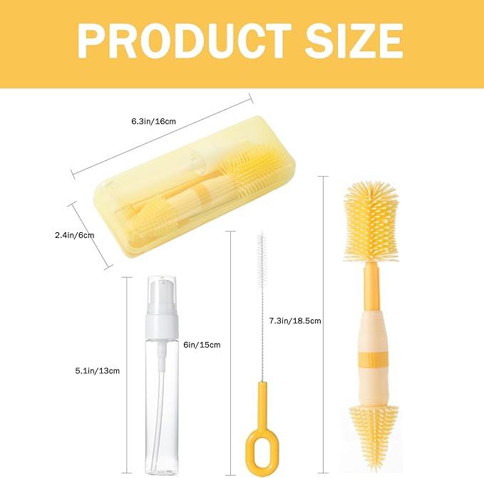 Travel Bottle Brush, 6-in-1 Portable Travel Bottle Cleaner Kit with Small Bottle Brush Built in Drying Rack, Nipple Brush, Straw Brush, Soap Dispenser, for Baby Bottles Under 8 OZ, BPA-Free(Yellow)