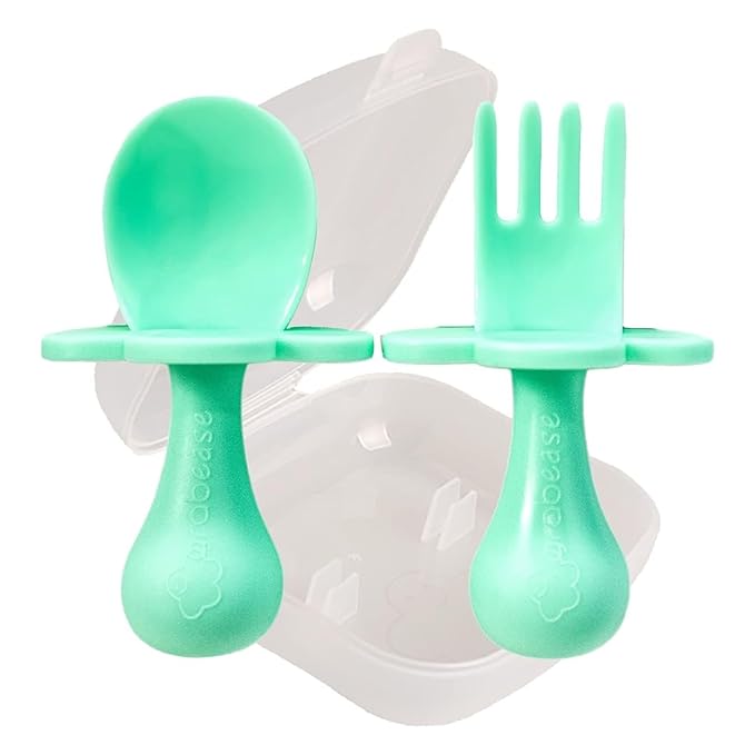 Grabease Baby Silverware Set - Toddler Spoon for Self-Feeding Support - Anti-Choke Collar Infant Fork - Phthalate-Free Construction Baby Feeding Utensils - Mint, Plastic, Pack of 1