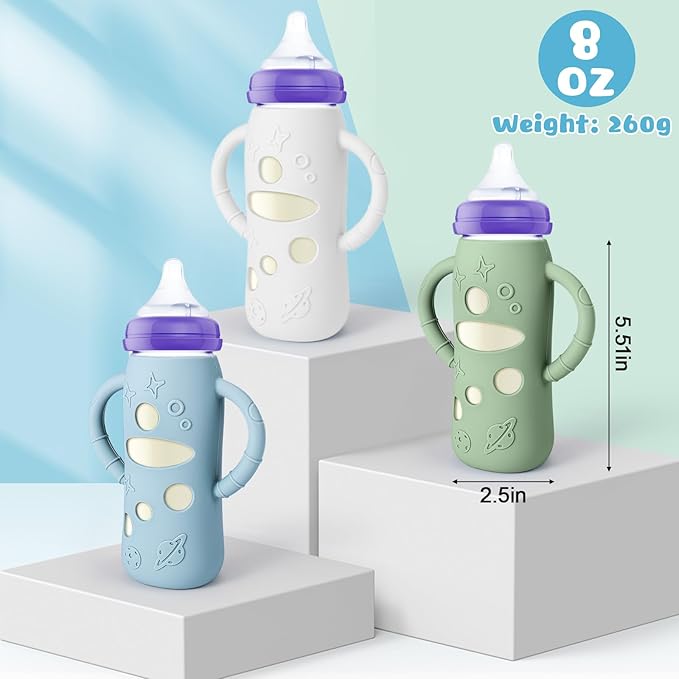 Mity rain 3 Pack Silicone Sleeves for Lansinoh Glass Bottles 8 OZ - Anti Breakage Baby Bottle Holder, Compatible with Lansinoh Glass Bottles for Babies with Handle