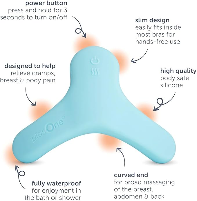 plusOne Breast & Body Massager for Breastfeeding, Nursing, Pumping, Clogged Ducts, Full Body Massaging, Hands-Free with 5 Vibration and 3 Heat Settings
