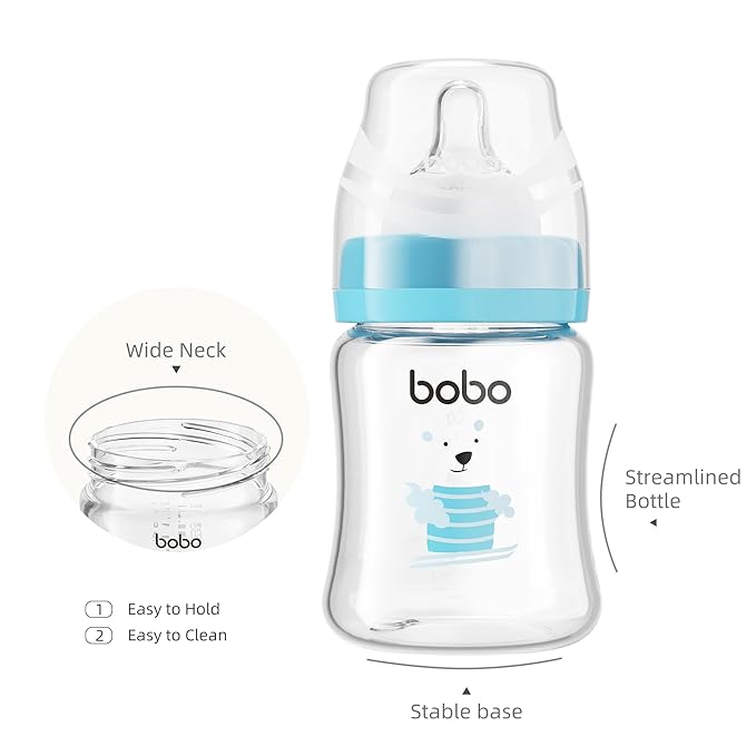 YOHKOH Glass Baby Bottles with Slow Flow Nipple, Newborn Anti-Colic Baby Bottles for 0+ Months, Wide Neck Feeding Bottle, Clear (Blue, 5oz (Pack of 4))