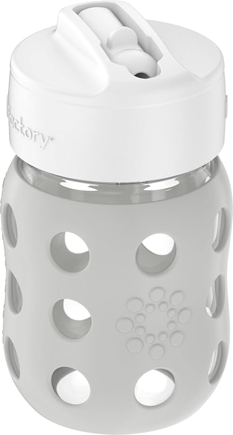 Lifefactory 8-Ounce Wide Neck Glass Baby Bottle with Protective Silicone Sleeve and Pivot Straw Cap, Stone Gray (LG2241WCG4)