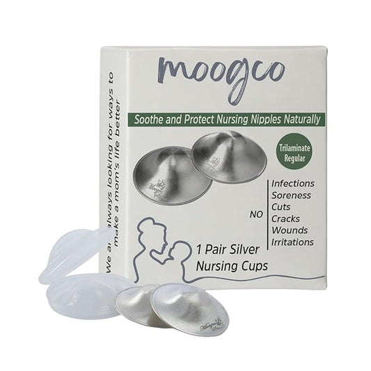 MoogCo The Original Silver Nursing Cups - Nipple Shields for Breastfeeding Newborn - 999k Nipple Cups - Nipple Shield for Nursing Newborn - Silver Nipple Covers for Breastfeeding (Tri-Laminate Silver)