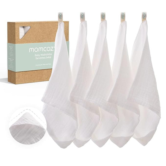 Momcozy Baby Washcloths - 4 Layer Design| Medium Thickness| Soft & Absorbent| Premium Cotton for Newborns' Skin-Great for Bathing, Wiping & on-the-go Use, Shower Gift and Essential(5 Pack, 10x10 inch)