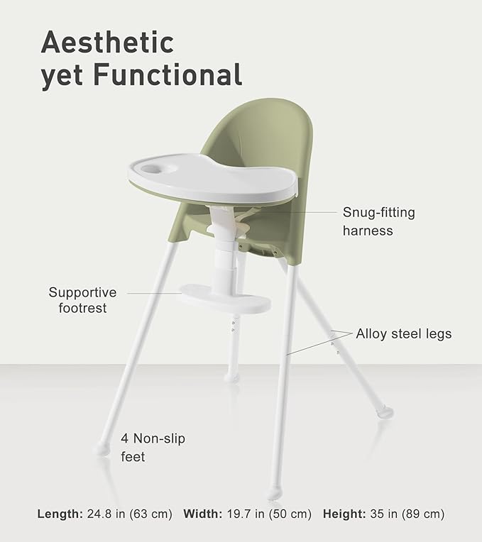 Funny Supply 3-in-1 Cute Folding High Chair, High Chairs for Babies and Toddlers, Modern Space Saving Highchair with Removable Double Tray, Easy to Clean, Light Weight Baby Feeding Chair, Green