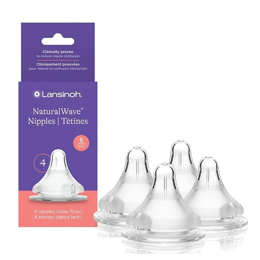 Lansinoh NaturalWave Baby Bottle Nipples, Slow Flow, Size S,1+ Month, 4 Count – 100% Soft, Durable Silicone, Made Without BPA BPS, Anti-Colic, Supports Baby’s Developing Mouth and Teeth