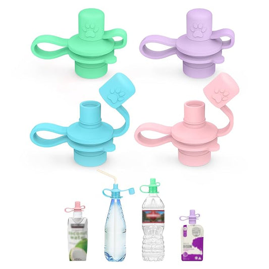MORLIKE LIVING 2-in-1 Water Bottle Cap, 100% Silicone Topper for Food Pouch, No Spill Spout Adapter Turn Water Bottle into Sippy Cups, Protects Child’s Mouth, Travel Essentials (Mix/v2-4 Pack)