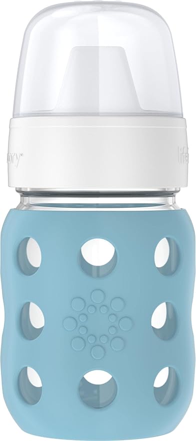 Lifefactory 8-Ounce Wide Neck Glass Baby Bottle with Protective Silicone Sleeve and Hard Sippy Spout, Denim (LG2221WDE4)
