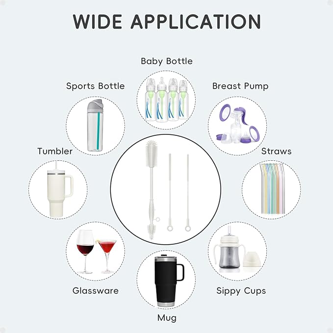 Baby Bottle Brush and Straw Cleaner Brush Set, Extra Long Double-Ended Soft Silicone Brush Cleaner for Baby Bottles, Water Bottles, Cups, Breast Pumps, Detachable & Hangable