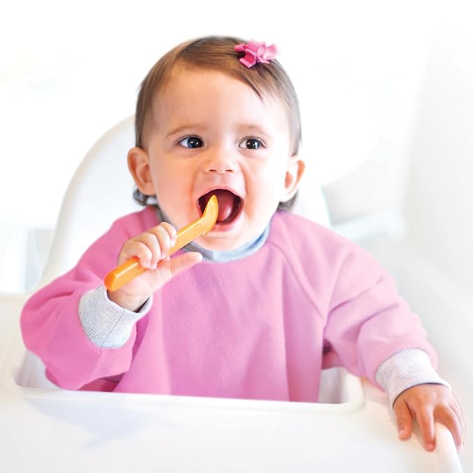 Kiddologic Bibit-all Baby Feeding Bib, Long Sleeves with Ribbed Cuffs and High Collar, Stretchy Pullover Smock, Soft Absorbent Terry, Waterproof Lining, Infant Girl 6-12 Months, Wild Orchid (Pink)