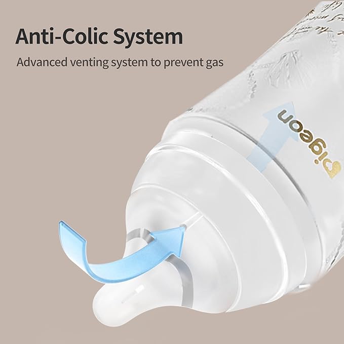 Pigeon Glass Baby Bottle Feeding Gift Set with Silicone Coating, Nurture & Nest, Anti-Colic Wide Neck & Latch-On Nipple, 2 Bottles (5.4/8.1 Oz) and 2 Extra Stage 2/4 Nipples