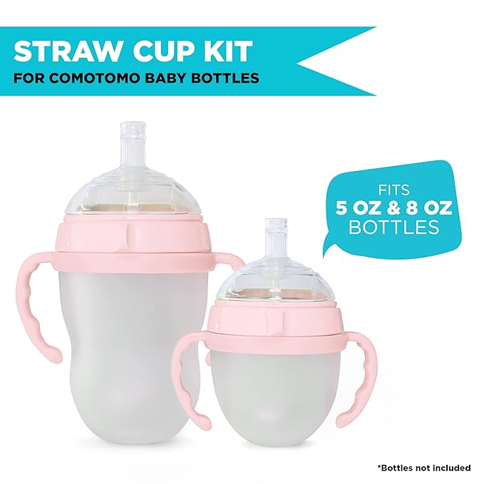 Botabee Straw Transition Cup Kit for Comotomo Baby Bottles | Conversion Kit Fits 5 & 8 Ounce Bottles | Soft, Silicone Straw Top Bottle Nipple & Weighted Straw to Help Baby - Pack of 2 (Pink)