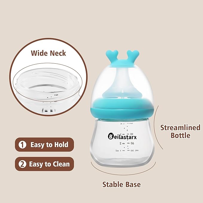 Glass Baby Bottles with Natural Response Nipple Size SS - Anti Colic Baby Bottles Wide Neck Slow Flow Baby Bottle (Blue, 4oz (Pack of 2))