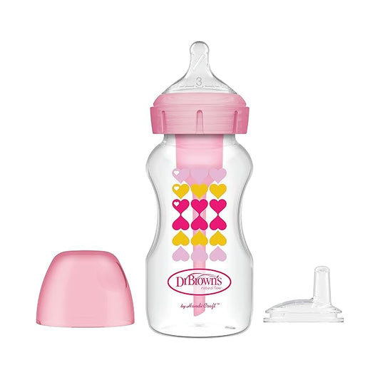 Dr. Brown's Anti-Colic Options+ Wide-Neck Sippy Bottle Starter Kit, 9oz/270mL, with Level 3 Medium-Fast Flow Nipple and Soft 100% Silicone Sippy Spout, Pink, BPA Free, 6m+