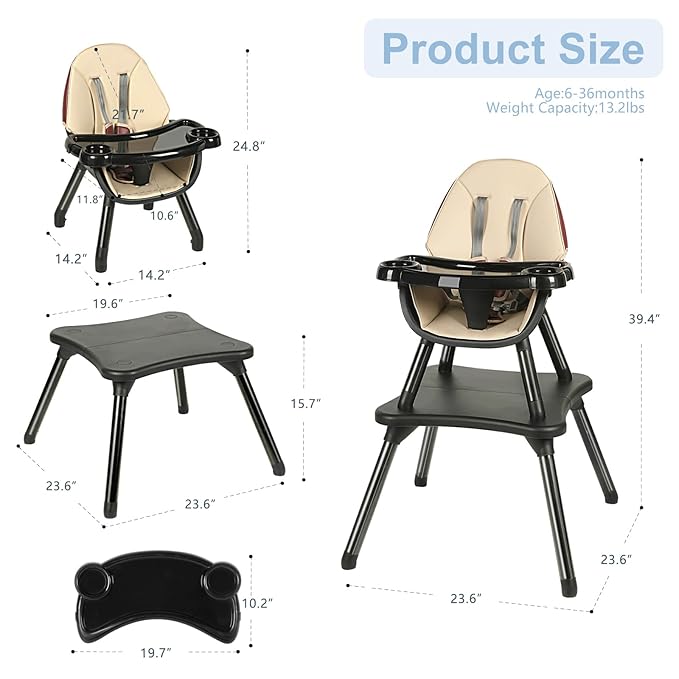 6 in 1 Baby High Chair, Convertible Highchair for Babies and Toddlers, Building Block Table Highchair with 5-Point Safety Harness/Removable Tray, Infant Feeding Table and Chair Set, Black