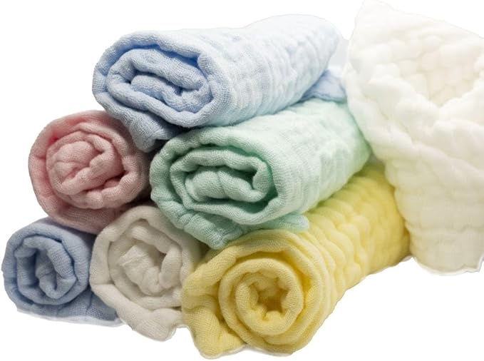 Muslin Baby Washcloths Pack of 7 - Soft Sweat Cloths for Newborn, Absorbent Baby Bath and Face Towels, 100% Cotton Baby Wipes,Burp Cloths,Feeding Towels for Babies and Infants,Solid-10 x 10’’