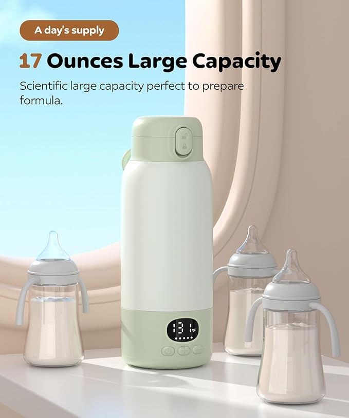 Portable Bottle Warmer 17oz Bottle Warmer for Breast Milk Formula & Water, Fast Heating, Long Battery Life & Large Capacity, Suitable for Baby Outdoor Travel Green