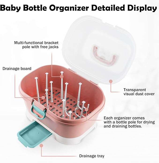 Baby Bottle Organizer for Storage, Baby Bottle Storage Large Capacity with Lid Cover Anti-Dust Protection and Cutlery Storage Drying Rack Portable Large Capacity Bottle Organizer(Pink)