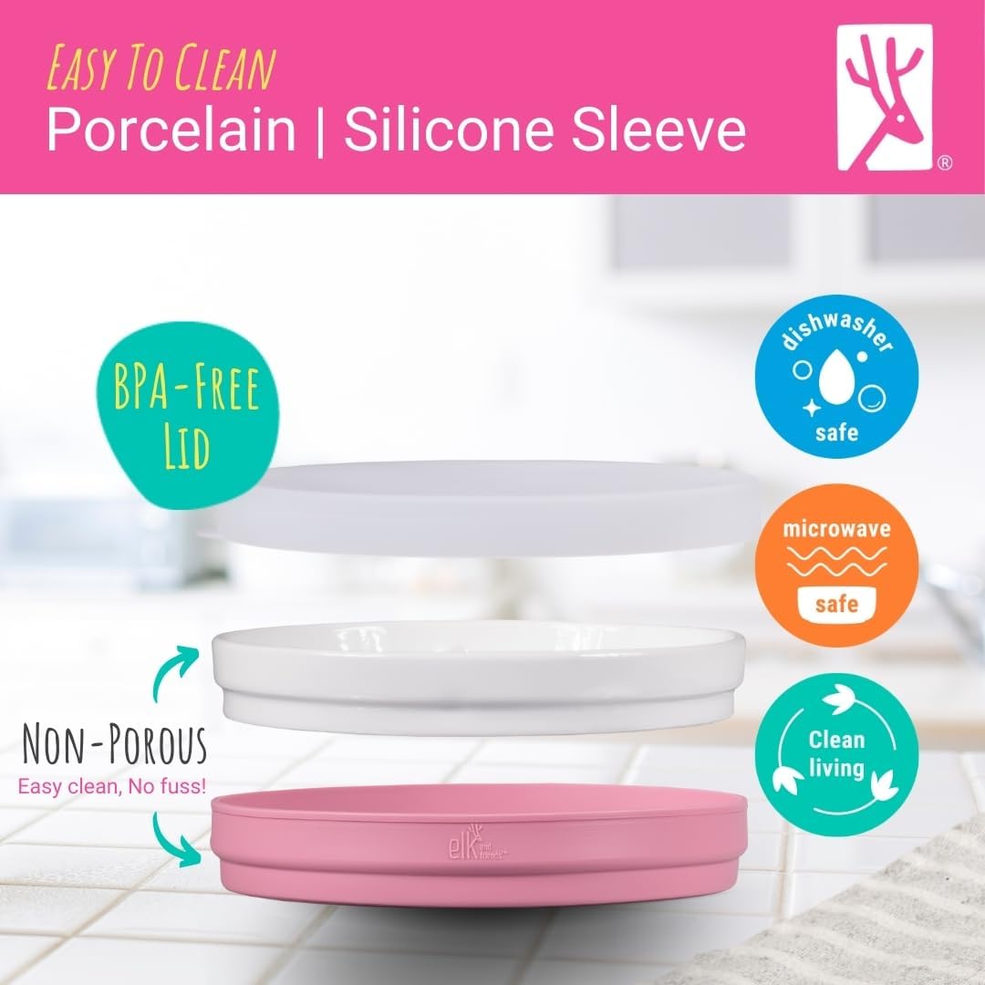 Elk and Friends Kids 6.7” Porcelain Divided Plates with Silicone Suction Sleeves + Silicone Lids | Suitable for Babies/Kids/Toddlers | Microwave & Dishwasher Safe | Non Slip | Snack Dishes | 4 Pack