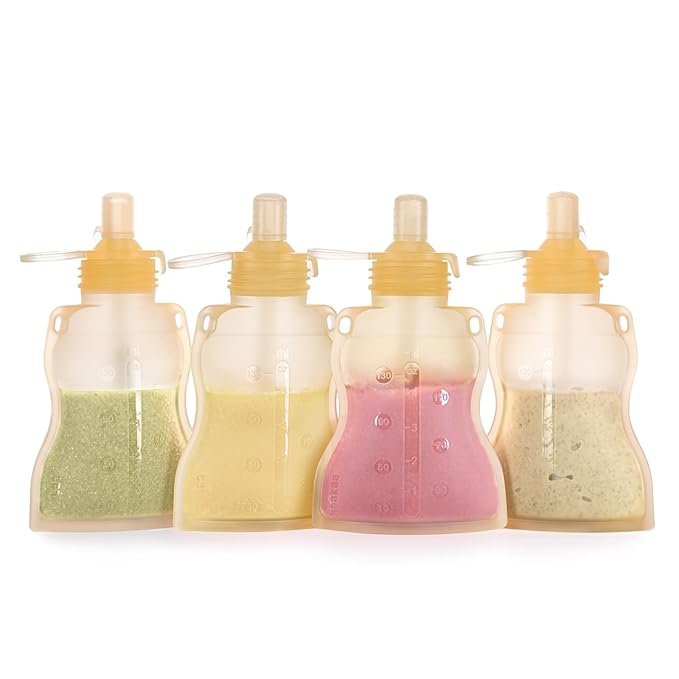 haakaa Baby Food Pouch Refillable Baby Squeeze Silicone Yummy Pouch, Soft Reusable Squeeze Storage Food Pouch for Kids Toddler,Home Made Food Puree,Smoothie Pouch Bag, 4oz, 4 Pack,6m+ (Yellow)