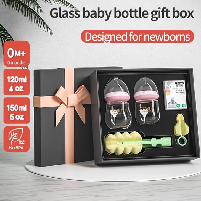 FarBrand Newborn Baby Bottle Starter Kit – Glass Baby Bottles 0-12 Months with Breast-Like Nipples, Anti-Colic, BPA-Free, 4oz & 5oz Breastmilk Bottles, Infant Gift Set, Leakproof Baby Bottle Kit
