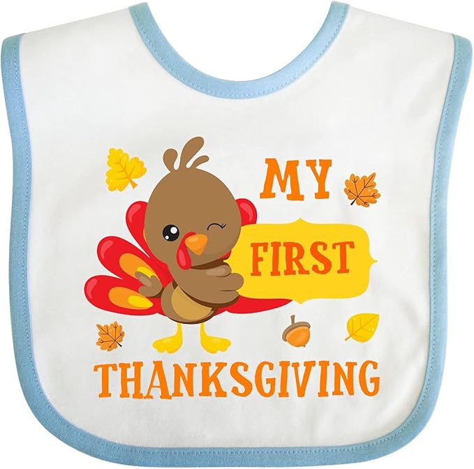 inktastic My First Thanksgiving with Turkey and Leaves Baby Bib