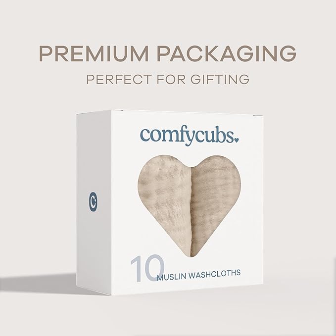 Comfy Cubs Muslin Baby Washcloths 10 Pack - Soft 6-Layer Cotton Wash Cloths for Sensitive Skin - 10"x10" Large, Gentle, Absorbent Infant Essentials for Newborn and Toddlers - Sand