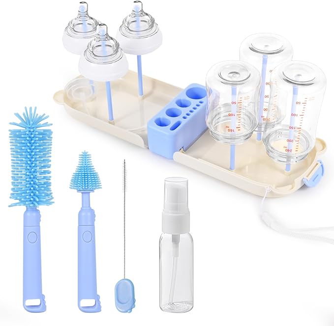 Portable Baby Bottle Brush Set, 7-in-1 Travel Baby Bottle Cleaning Kit, Portable Bottle Washing Kit with Silicone Bottle Brush, Nipple Brush, Straw Brush, Drying Rack for Home and Travel (Blue)