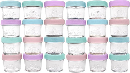 WeeSprout Baby Food Storage Glass Jars w/Lids (4 oz, 24 Pack) Pastel Variety, Snack, Reusable Small Containers, Fridge or Freezer, Microwave & Dishwasher Safe, Essentials for Infants