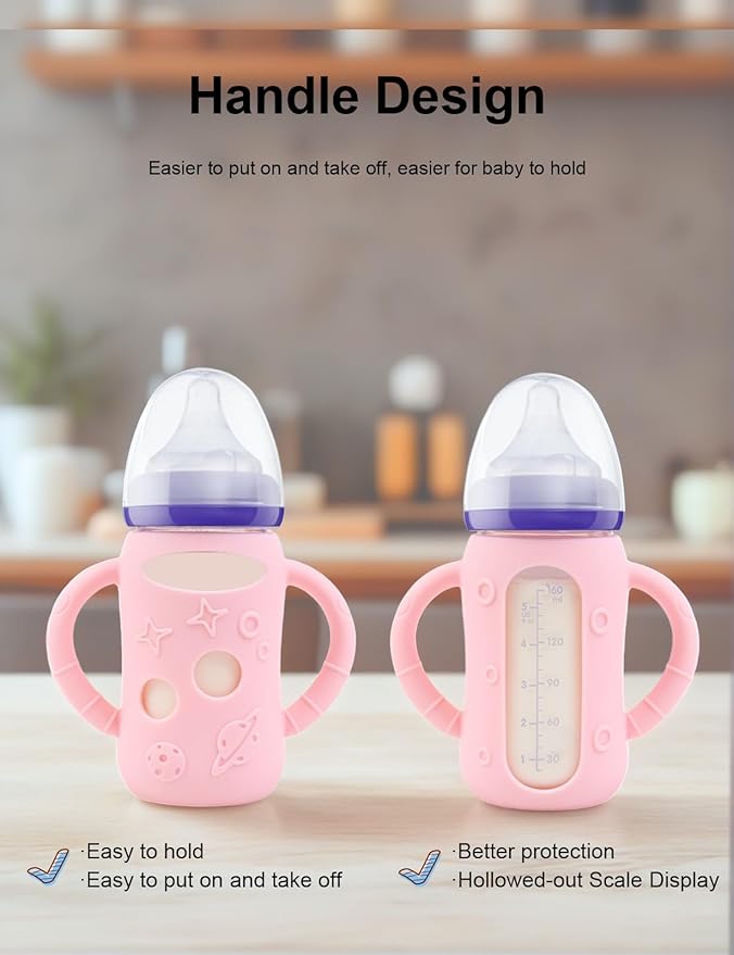 ZCH 4-Pack Silicone Sleeves with Handles for Lansinoh Glass Bottles, BPA-Free Drop-Resistant Baby Bottle Sleeves with Handles, Compatible with Lansinoh Anti-Colic Glass Baby Bottles (5 oz)