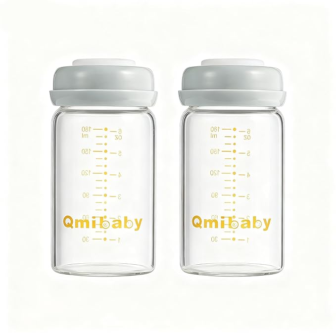 Glass Breastmilk Storage Bottles 180ml 6oz BPA-Free Leak-Proof Natural Baby Bottle for Breastmilk Storage Wide Neck Bottles with Screw Ring Sealing Disk Breastfeeding (Grey, 180ml-2Packs)