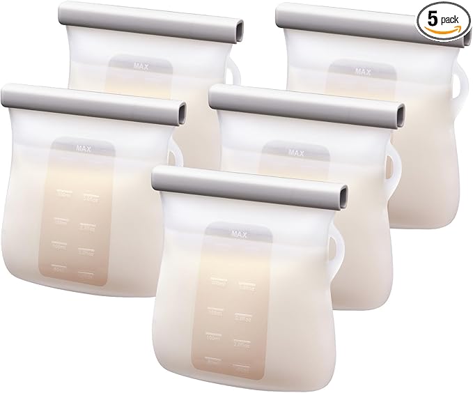 Lictin 5PCS Silicone Breastmilk Storage Bags, 8.5oz/250ml Reusable Breast Milk Storage Container, BPA-Free Self-Standing Milk Storing Bags for Breastfeeding, Leak-Proof Baby Food Storage Containers