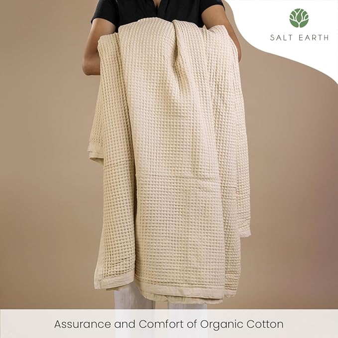 Salt Earth GOTS Certified 100% Organic Cotton Throw Blanket, 55" X 60" Waffle Blankets & Throws for Bed, Throw Blanket for Couch, Modern & Cozy Blanket, All Season, Comfy & Soft Blankets (Parchment)