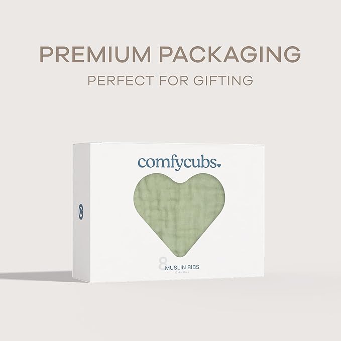 Comfy Cubs Muslin Bibs for Babies, Pack of 8 - Soft and Highly Absorbent, Feeding, Drool and Teething Bib, Adjustable Snaps - Stylish & Colorful Unisex Designs, Giftable Set - Sage