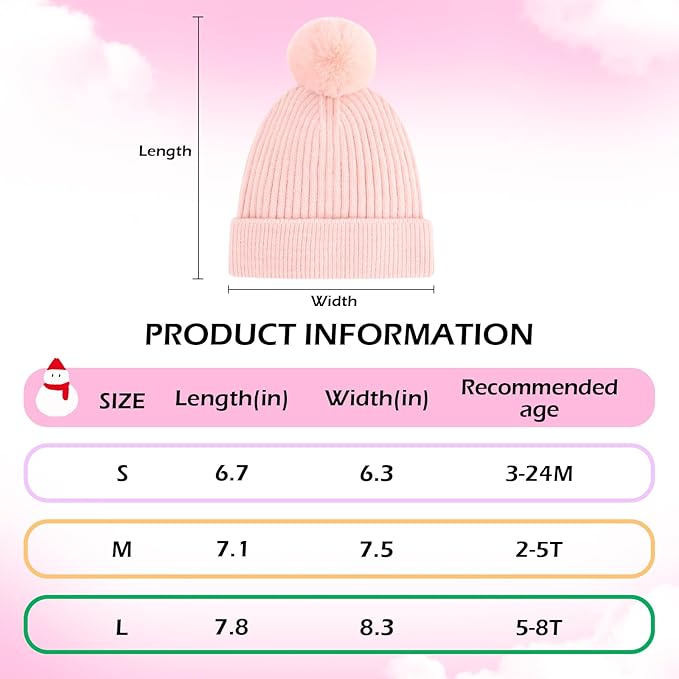 Girls Winter Hat Warm Toddler Beanie with Pom Pom Winter Hats for Baby and Kids