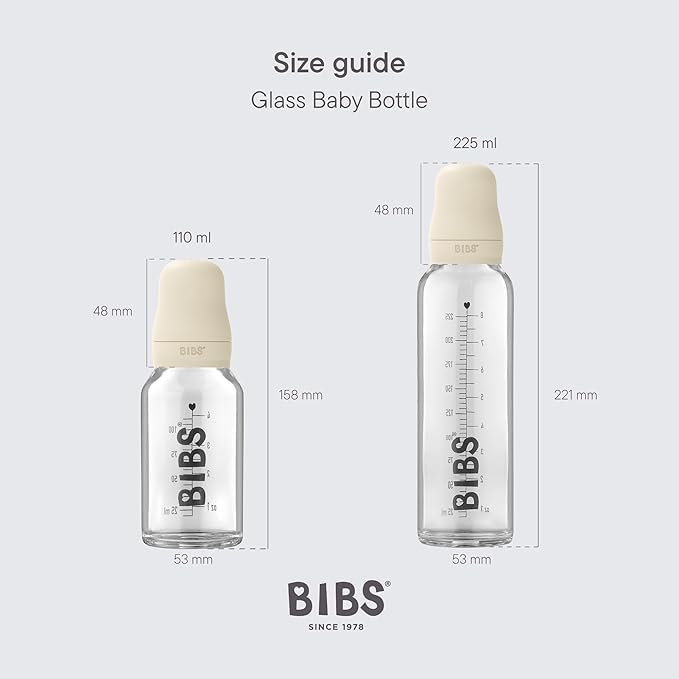 BIBS Baby Glass Bottle. Anti-Colic. Round Natural Rubber Latex Nipple. Supports Natural Breastfeeding, Complete Set - 110 ml, Woodchuck