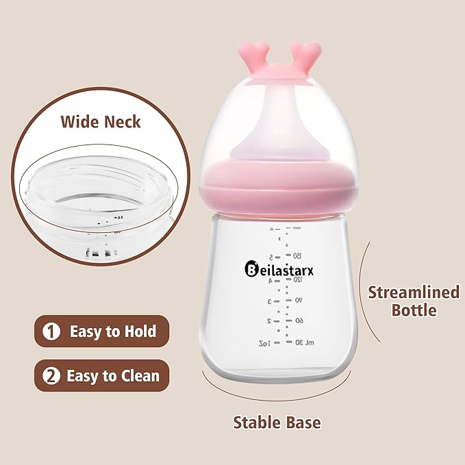 Glass Baby Bottles with Natural Response Nipple Size S - Anti Colic Baby Bottles Wide Neck Slow Flow Baby Bottle (Red, 6oz (Pack of 4))