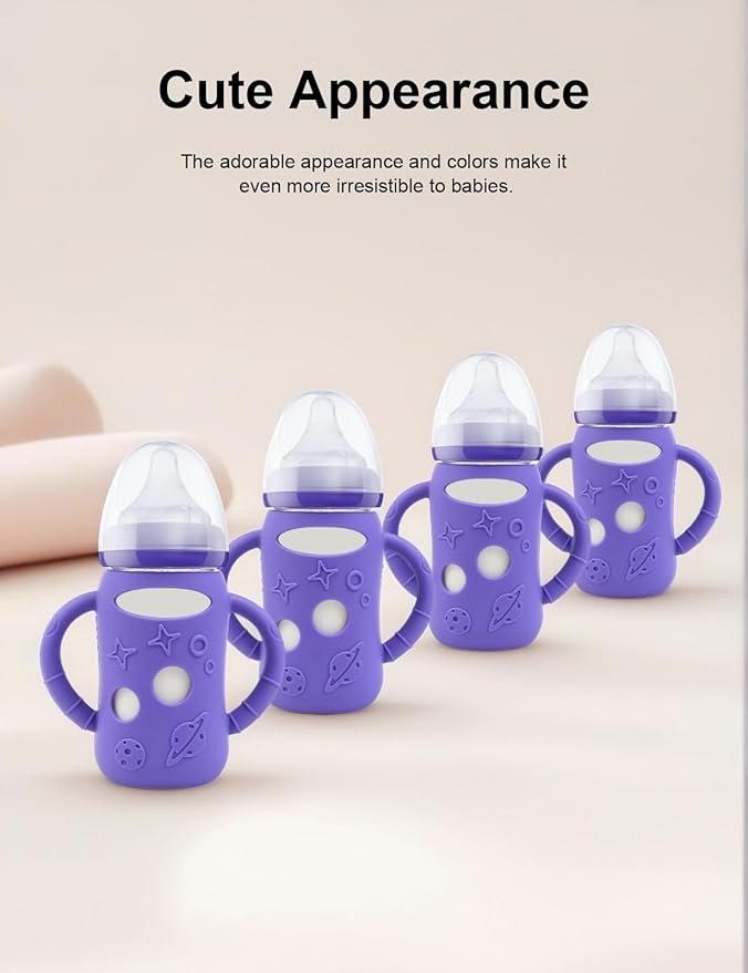 ZCH 4-Pack Silicone Sleeves with Handles for Lansinoh Glass Bottles, BPA-Free Drop-Resistant Baby Bottle Sleeves with Handles, Compatible with Lansinoh Anti-Colic Glass Baby Bottles (5 oz)