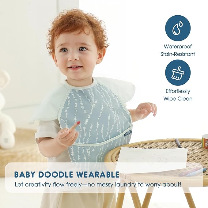 GRSSDER 3-pack Mess Proof Baby Feeding Bibs with Food Catcher Pocket, Soft Lightweight Waterproof Fabric Material with Zero Plastic-like Feel, Adjustable and Easy Clean Toddler Bibs for 6-36 Months