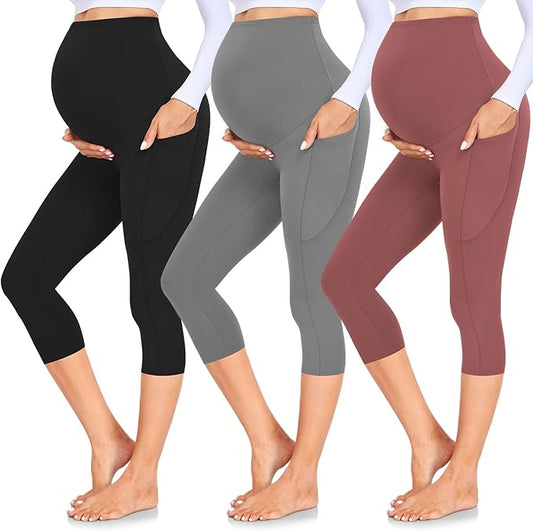 GROTEEN 3 Pack Women's Maternity Leggings with Pockets Over The Belly Workout Yoga Pregnancy Pants