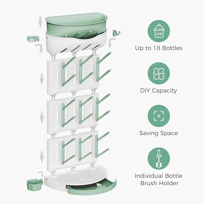 Momcozy DIY Larger Bottle Drying Rack for 18 Bottles, Space Saving Countertop Vertical Rack with Brushes Holder, Detachable Travel Bottle Rack for Baby Accessories & Pump Parts