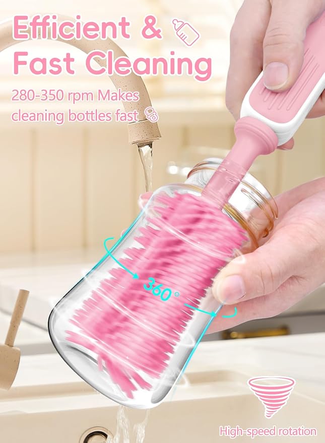 Electric Baby Bottle Brush Cleaner, Baby Travel Bottle Cleaner Kit- 2000mAh Rechargeable Silicone Brush, Drying Rack, Compact Storage Box, 360° Efficient Cleaning Bottle Brush for Home & On-The-Go