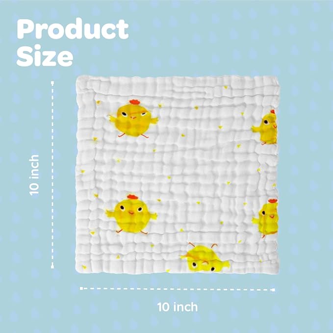 Muslin Baby Washcloths Baby Wipes Newborn Pack of 7-Animal Patten, Absorbent Baby Bath and Face Towels for Newborn,100% Cotton,Burp Cloths,Feeding Towels for Babies and Infants,Reusable-10x10
