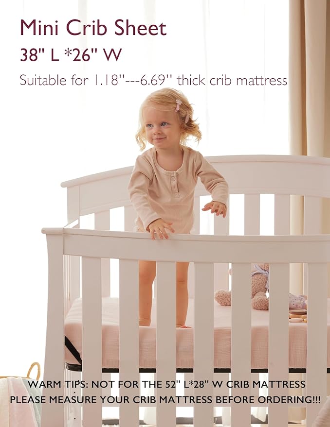 Momcozy Muslin Mini Crib Sheets Fitted - 38''x26'' Pack and Play Sheets for Pack N Play Mattress, 2 Pack Soft & Breathable Natural Cotton Non Slip Bed Cover for Boys, Girls, Beige Blush