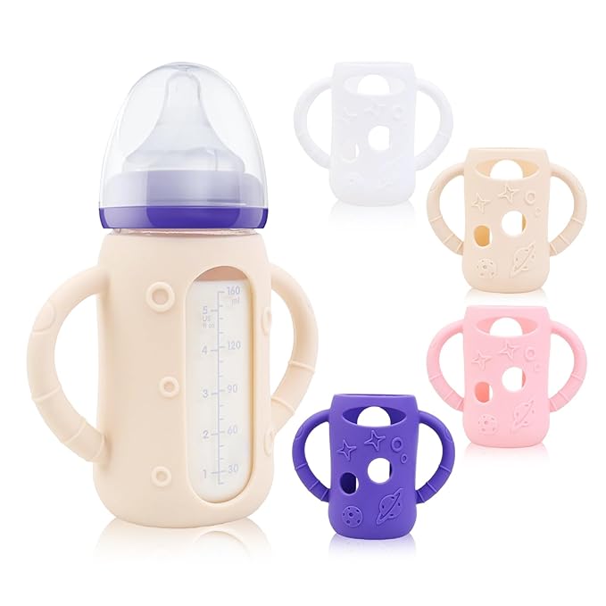 ZCH 4-Pack Silicone Sleeves for Lansinoh Glass Bottles, BPA-Free Drop-Resistant Baby Bottle Sleeves with Handles, Compatible with Lansinoh Anti-Colic Glass Baby Bottles (5 oz)