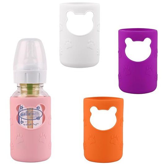 4 Pack Silicone Sleeves for Dr Brown's Glass Baby Bottles, Anti Breakage Baby Bottle Holder, Compatible Dr. Brown's Natural Narrow Glass Baby Bottles 4 oz, BPA Free (White+Pink+Purple+Orange)