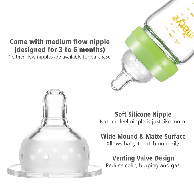 Matyz Glass Breastmilk Baby Feeding Bottle with Nipple, 4 Pack, 8 oz Slim and Light Bottle Easy to Hold, Food Grade Borosilicate Glass, Wide Neck Easy to Clean, No BPA (Green Lids)
