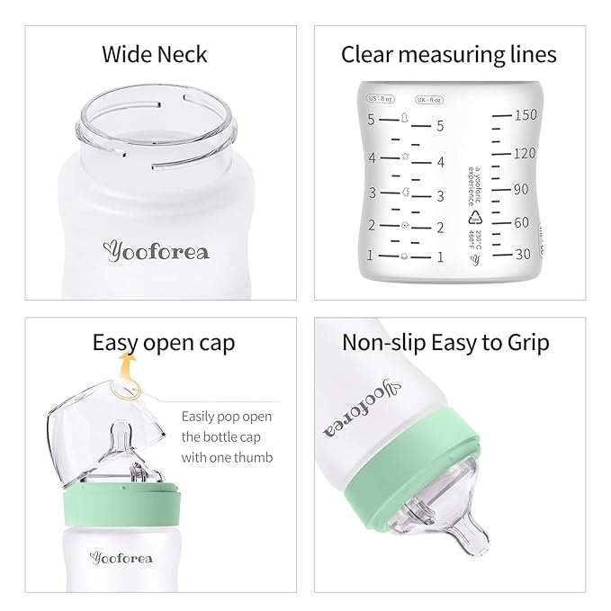 Yooforea Silicone Coated Glass Baby Bottle, 2M+ Medium Flow Nipple I Anti-Colic, Wide Neck, Stable Base I Medical-Grade Silicone Coating for Shatter Protection, BPA BPS PVC Free (2 Pack, 5 Ounce-Tea)