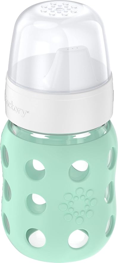 Lifefactory 8-Ounce Wide Neck Glass Baby Bottle with Protective Silicone Sleeve and Hard Sippy Spout, Mint (LG2221WMI4)
